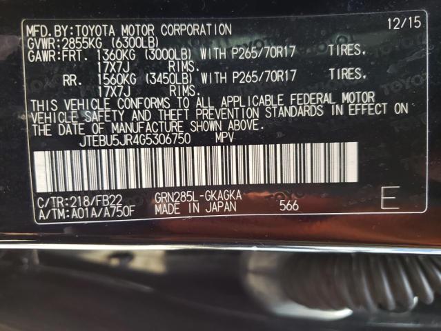 Photo 10 from auction – 2016 TOYOTA 4RUNNER SR with VIN JTEBU5JR4G5306750