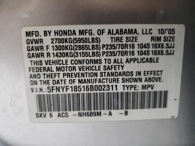 Photo 10 from auction – 2006 HONDA PILOT EX with VIN 5FNYF18516B002311