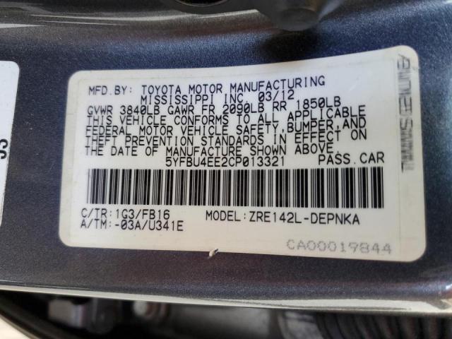 Photo 10 from auction – 2012 TOYOTA COROLLA BA with VIN 5YFBU4EE2CP013321