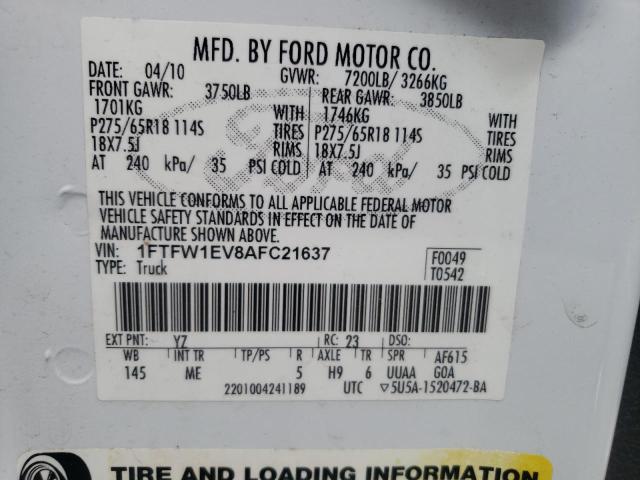 Photo 10 from auction – 2010 FORD F150 SUPER with VIN 1FTFW1EV8AFC21637