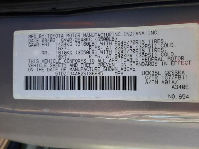 Photo 10 from auction – 2002 TOYOTA SEQUOIA SR with VIN 5TDZT34A82S136685