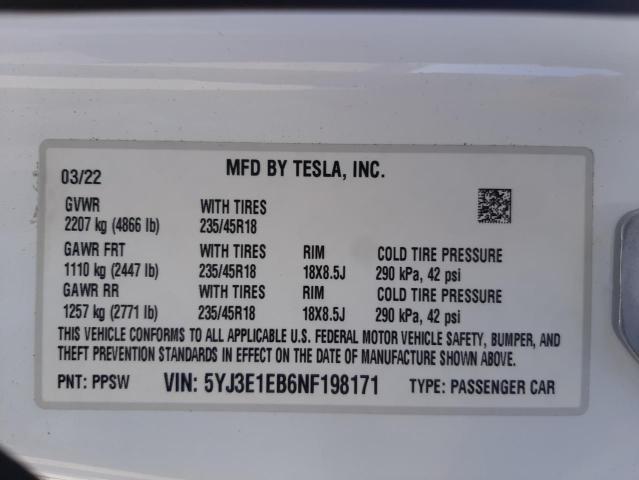 Photo 10 from auction – 2022 TESLA MODEL 3 with VIN 5YJ3E1EB6NF198171