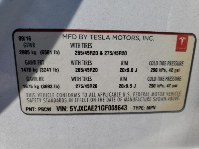 Photo 10 from auction – 2016 TESLA MODEL X with VIN 5YJXCAE21GF008643