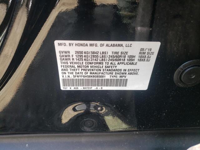 Photo 10 from auction – 2019 HONDA PILOT EXL with VIN 5FNYF6H58KB085081