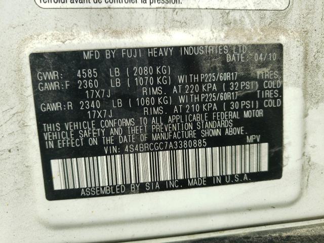 Photo 10 from auction – 2010 SUBARU OUTBACK 2. with VIN 4S4BRCGC7A3380885