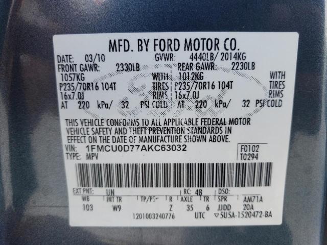 Photo 10 from auction – 2010 FORD ESCAPE XLT with VIN 1FMCU0D77AKC63032