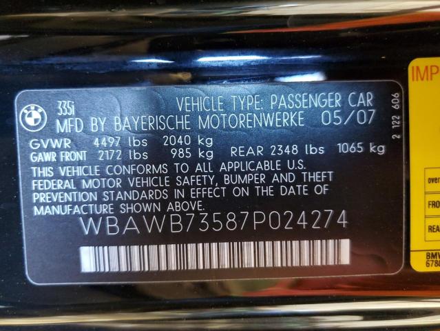 Photo 10 from auction – 2007 BMW 335 I with VIN WBAWB73587P024274