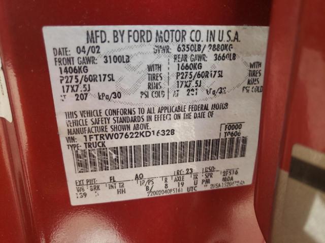 Photo 10 from auction – 2002 FORD F150 SUPER with VIN 1FTRW07622KD16328