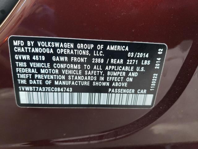 Photo 10 from auction – 2014 VOLKSWAGEN PASSAT SE with VIN 1VWBT7A37EC084743