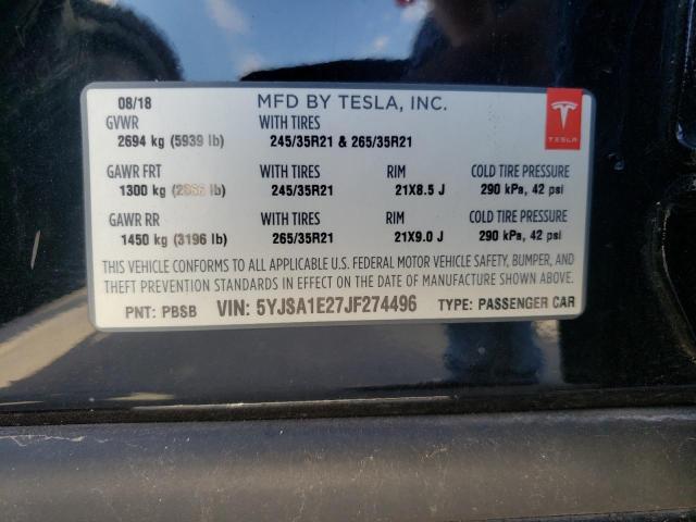 Photo 10 from auction – 2018 TESLA MODEL S with VIN 5YJSA1E27JF274496