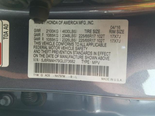 Photo 10 from auction – 2016 HONDA CR-V EXL with VIN 5J6RM4H79GL073682