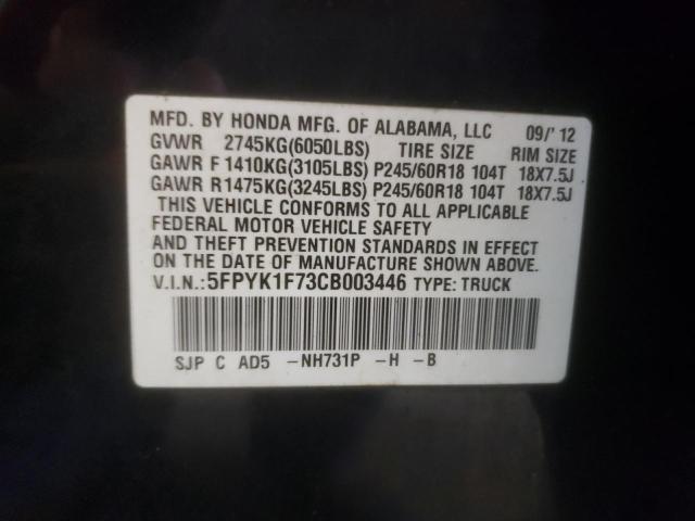 Photo 10 from auction – 2012 HONDA RIDGELINE with VIN 5FPYK1F73CB003446