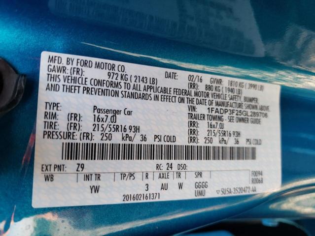 Photo 10 from auction – 2016 FORD FOCUS SE with VIN 1FADP3F25GL289706
