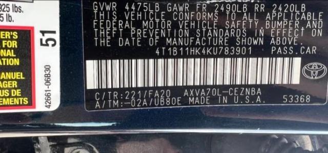 Photo 10 from auction – 2019 TOYOTA CAMRY L with VIN 4T1B11HK4KU783901