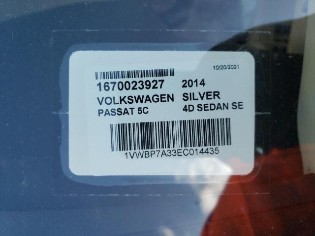 Photo 10 from auction – 2014 VOLKSWAGEN PASSAT SE with VIN 1VWBP7A33EC014435