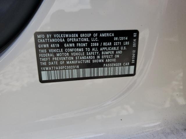 Photo 10 from auction – 2015 VOLKSWAGEN PASSAT S with VIN 1VWAT7A30FC002316