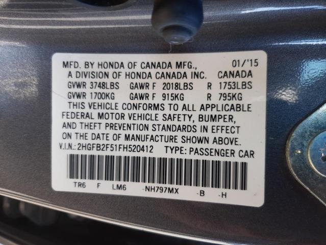 Photo 10 from auction – 2015 HONDA CIVIC LX with VIN 2HGFB2F51FH520412