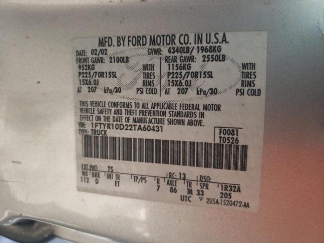 Photo 10 from auction – 2002 FORD RANGER with VIN 1FTYR10D22TA60431