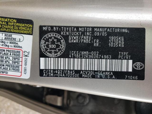 Photo 10 from auction – 2006 TOYOTA CAMRY LE with VIN 4T1BE32K96U674963