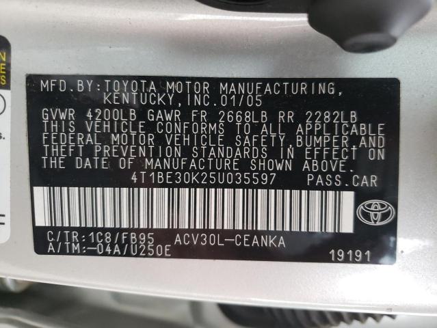 Photo 10 from auction – 2005 TOYOTA CAMRY LE with VIN 4T1BE30K25U035597
