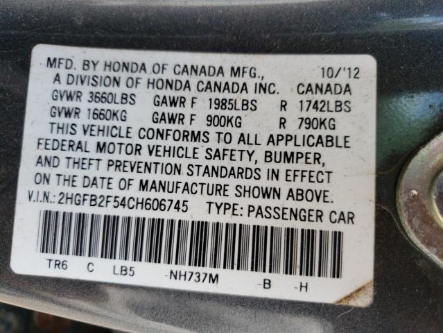 Photo 10 from auction – 2012 HONDA CIVIC LX with VIN 2HGFB2F54CH606745