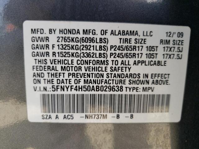 Photo 10 from auction – 2010 HONDA PILOT EXL with VIN 5FNYF4H50AB029638