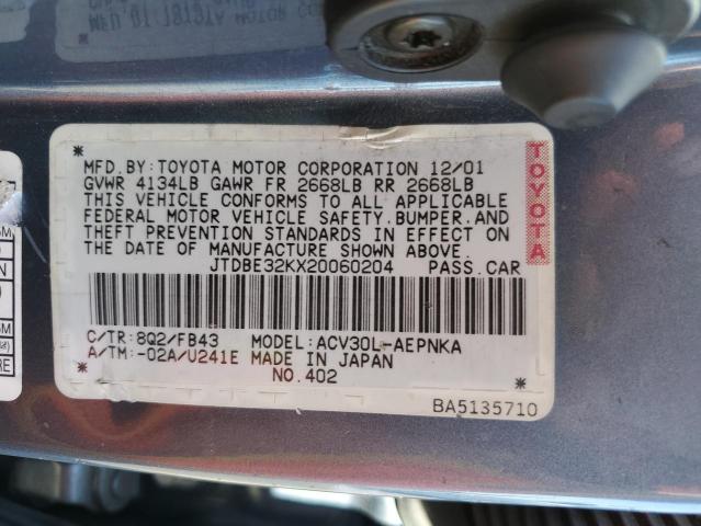 Photo 10 from auction – 2002 TOYOTA CAMRY LE with VIN JTDBE32KX20060204
