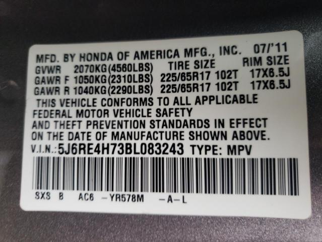 Photo 10 from auction – 2011 HONDA CR-V EXL with VIN 5J6RE4H73BL083243