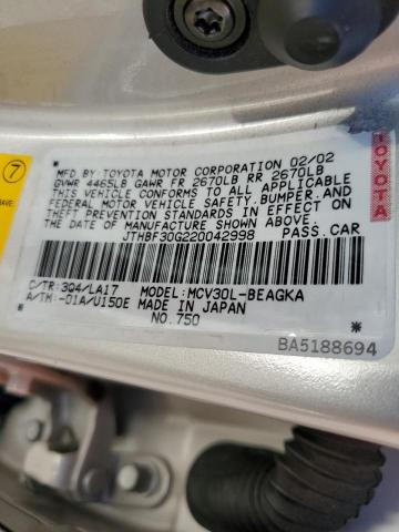 Photo 10 from auction – 2002 LEXUS ES 300 with VIN JTHBF30G220042998