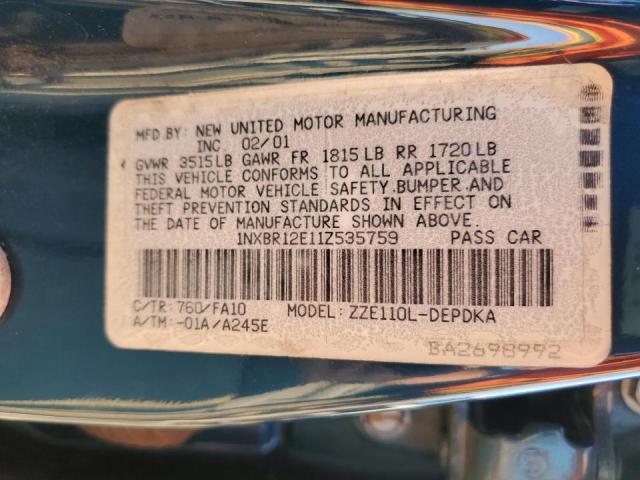 Photo 10 from auction – 2001 TOYOTA COROLLA CE with VIN 1NXBR12E11Z535759