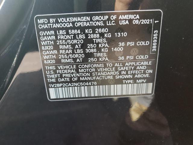 Photo 10 from auction – 2022 VOLKSWAGEN ATLAS SEL with VIN 1V2BP2CA2NC504476