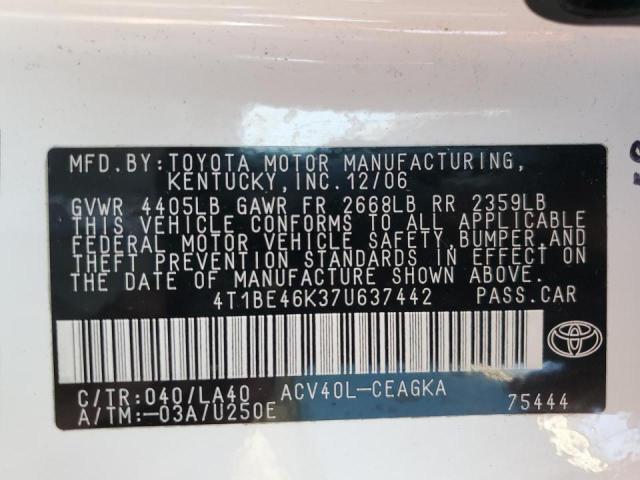 Photo 10 from auction – 2007 TOYOTA CAMRY CE with VIN 4T1BE46K37U637442