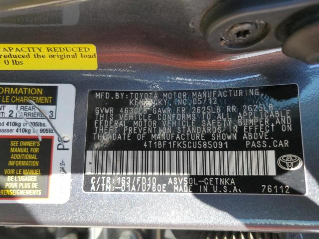 Photo 10 from auction – 2012 TOYOTA CAMRY BASE with VIN 4T1BF1FK5CU585091