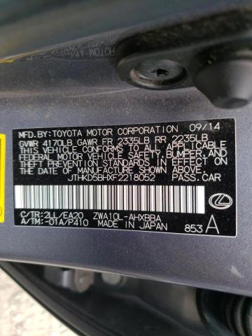 Photo 10 from auction – 2015 LEXUS CT 200 with VIN JTHKD5BHXF2218052