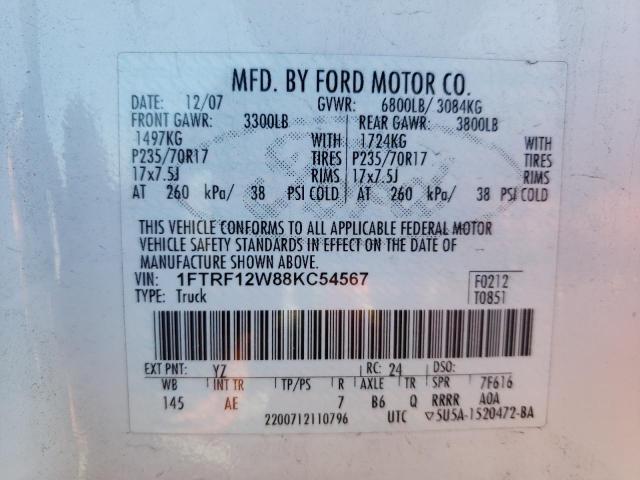 Photo 10 from auction – 2008 FORD F150 with VIN 1FTRF12W88KC54567
