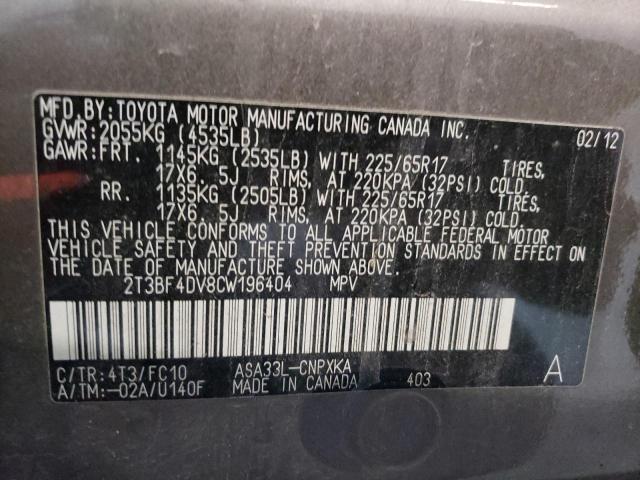 Photo 10 from auction – 2012 TOYOTA RAV4 with VIN 2T3BF4DV8CW196404