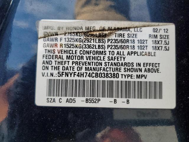 Photo 10 from auction – 2012 HONDA PILOT EXLN with VIN 5FNYF4H74CB038380