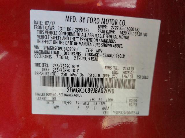 Photo 10 from auction – 2018 FORD FLEX SEL with VIN 2FMGK5C89JBA02090