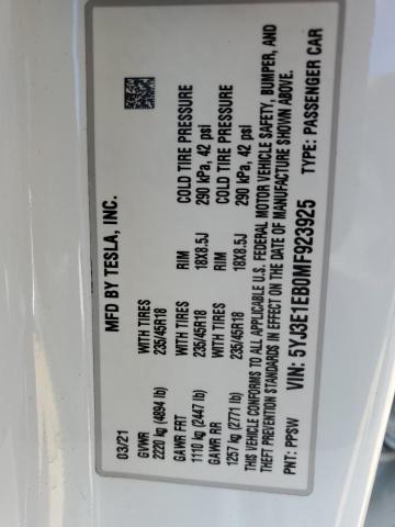 Photo 10 from auction – 2021 TESLA MODEL 3 with VIN 5YJ3E1EB0MF923925
