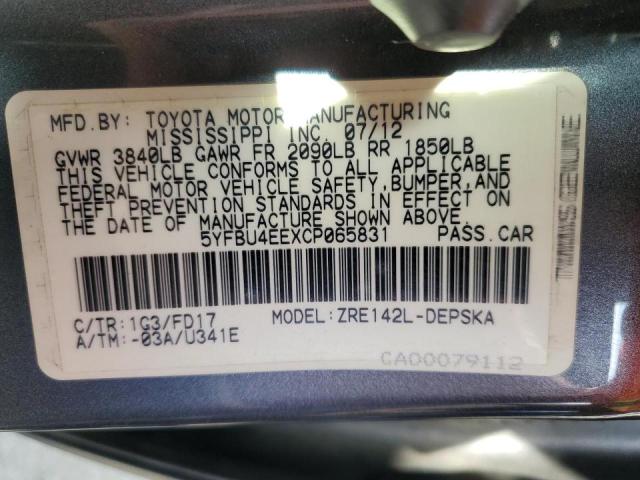 Photo 10 from auction – 2012 TOYOTA COROLLA BA with VIN 5YFBU4EEXCP065831