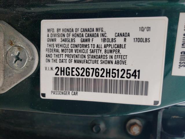 Photo 10 from auction – 2002 HONDA CIVIC with VIN 2HGES26762H512541