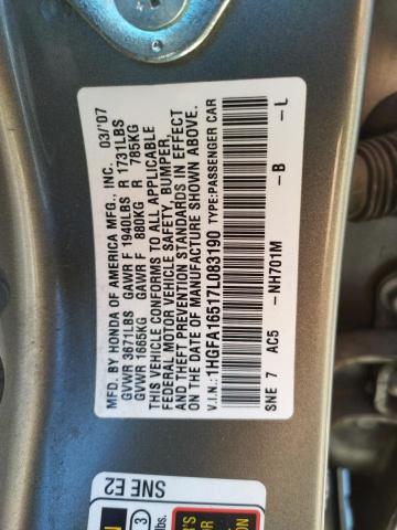 Photo 10 from auction – 2007 HONDA CIVIC with VIN 1HGFA16517L083190
