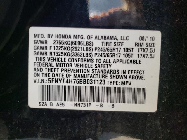 Photo 10 from auction – 2011 HONDA PILOT EXLN with VIN 5FNYF4H76BB031123