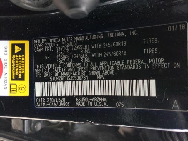 Photo 10 from auction – 2018 TOYOTA HIGHLANDER with VIN 5TDKZRFH5JS536781