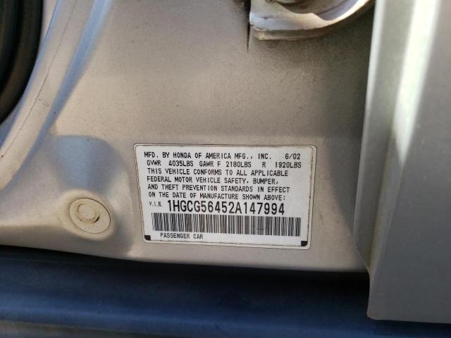 Photo 10 from auction – 2002 HONDA ACCORD with VIN 1HGCG56452A147994