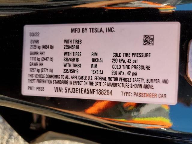 Photo 10 from auction – 2022 TESLA MODEL 3 with VIN 5YJ3E1EA5NF188254