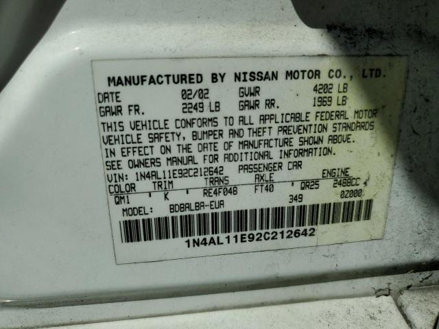 Photo 10 from auction – 2002 NISSAN ALTIMA BAS with VIN 1N4AL11E92C212642