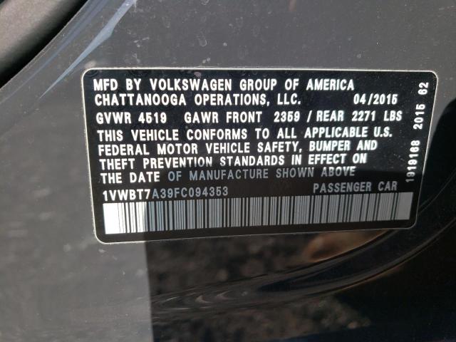 Photo 10 from auction – 2015 VOLKSWAGEN PASSAT SE with VIN 1VWBT7A39FC094353
