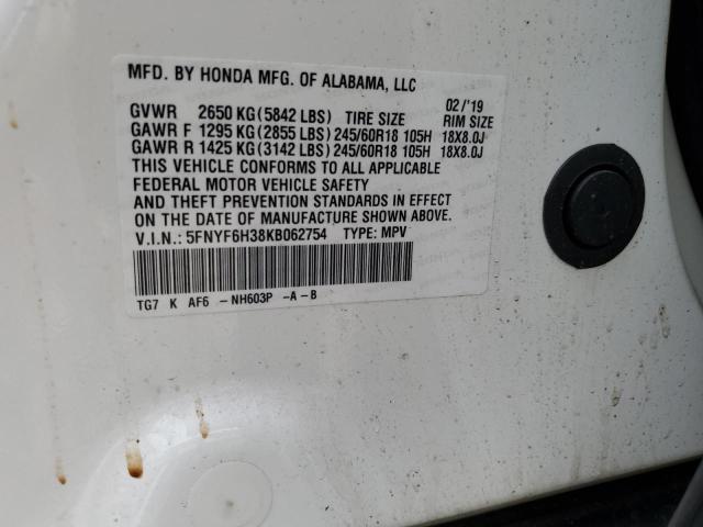 Photo 10 from auction – 2019 HONDA PILOT EX with VIN 5FNYF6H38KB062754