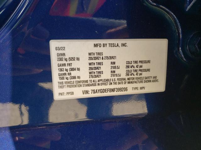 Photo 10 from auction – 2022 TESLA MODEL Y with VIN 7SAYGDEF8NF399206
